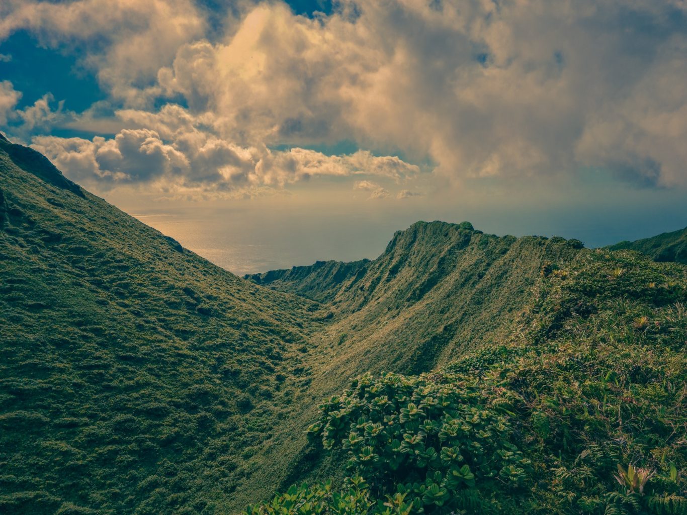Vallée verdoyante entourée de collines sous un ciel nuageux.